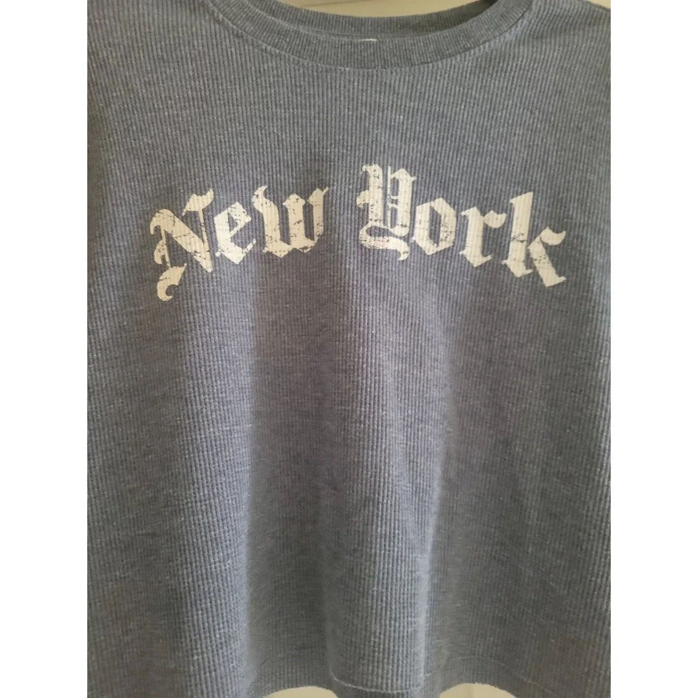 Pink Rose Kids Blue New York Graphic Thermal Waffle Knit Cropped Top Small